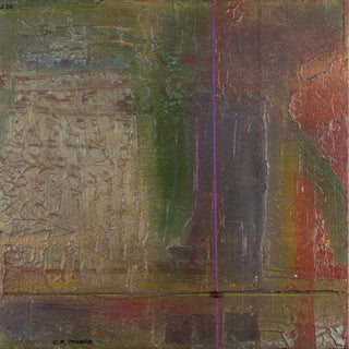 An abstract textured painting with layered brushstrokes in muted green, brown, gray, red, and beige tones, featuring a vertical purple line near the center.