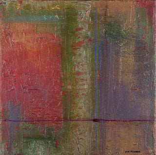 An abstract square painting with thick textured brushstrokes in muted red, green, brown, and purple tones, divided by a vertical blue line and a horizontal purple line, with the signature 'G.F.