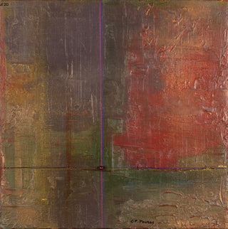 An abstract textured painting with layered brushstrokes in earthy tones, featuring a prominent vertical purple line, a horizontal dark line crossing near the center, and a reddish-brown area on the right side.