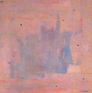 An abstract painting with a textured, layered composition featuring soft peach, pink, lavender, and gray tones, accented with small black dots and faint grid lines.