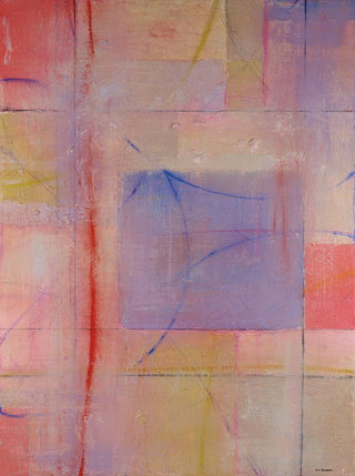 An abstract painting with a grid-like composition in pastel tones of pink, peach, lavender, yellow, and blue, with visible brushstrokes and intersecting lines.