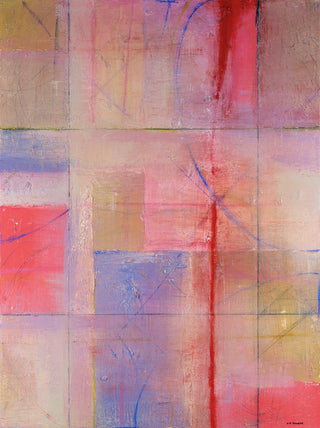 An abstract geometric painting featuring a grid pattern with blocks of pink, red, beige, yellow, and blue, accented by thin blue curved lines and textured brushstrokes.