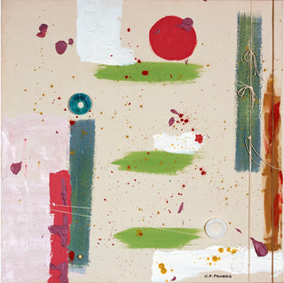 An abstract painting with textured brushstrokes and splatters on a warm beige background, featuring a large red circle near the top, green horizontal bands, vertical blue and red brushstrokes, and small scattered paint splashes. Signed 'C.