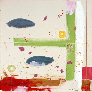 An abstract painting on canvas featuring organic shapes, splatters, and textured brushstrokes in green, blue, red, pink, yellow, and brown on a warm off-white background.